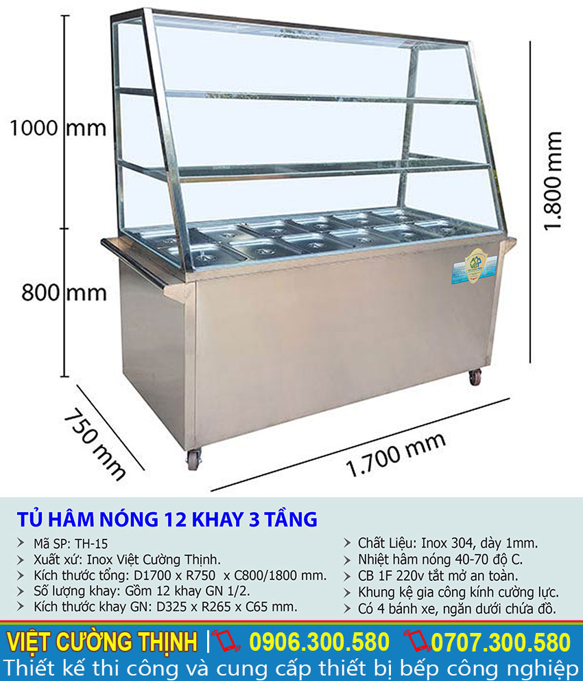 Kích thước tủ hâm nóng thức ăn 12 khay 3 tầng