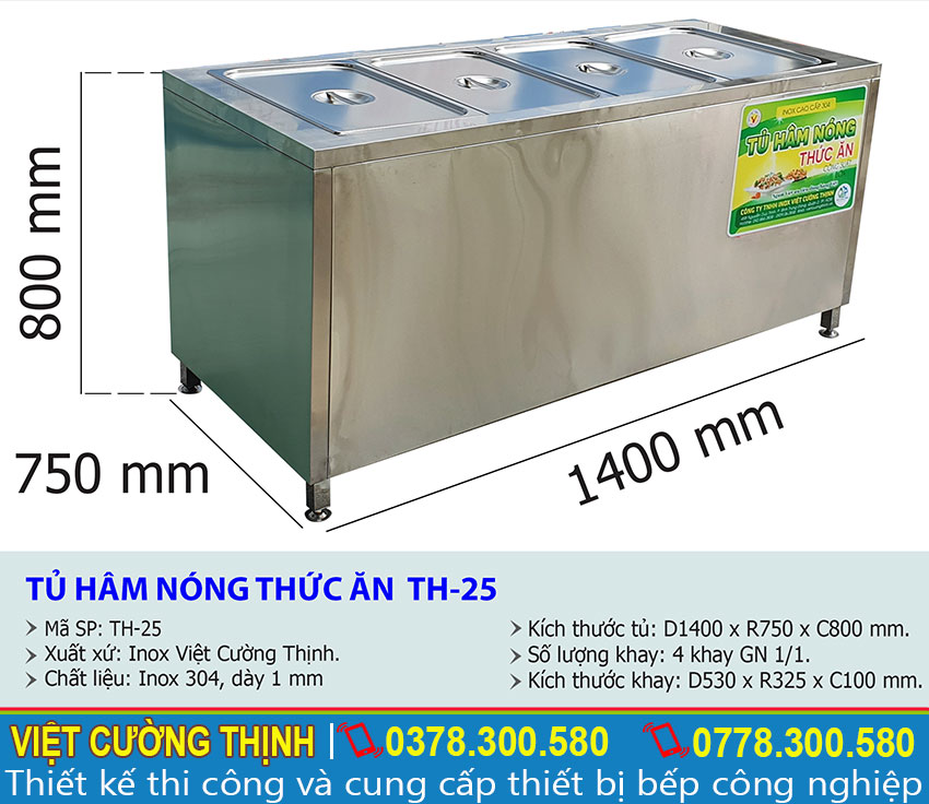 Kích thước tủ hâm nóng thức ăn công nghiệp 4 khay TH-25.