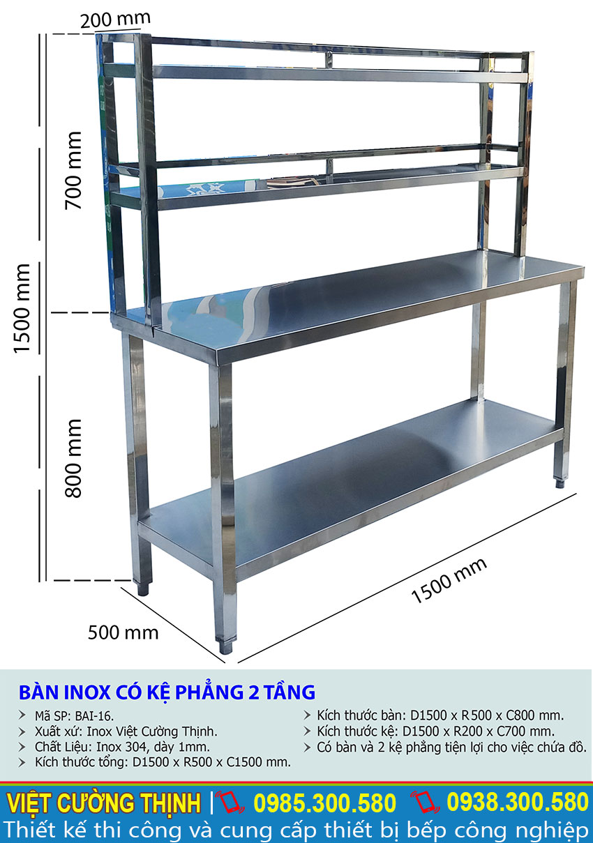 Thông số kỹ thuật bàn bếp inox, bàn bếp inox 2 tầng có kệ 