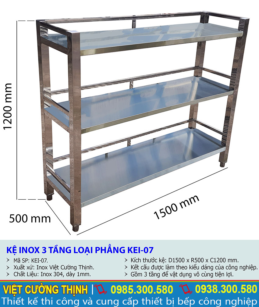 Kích thước tổng thể của kệ bếp inox 3 tầng kệ phẳng KEI-07