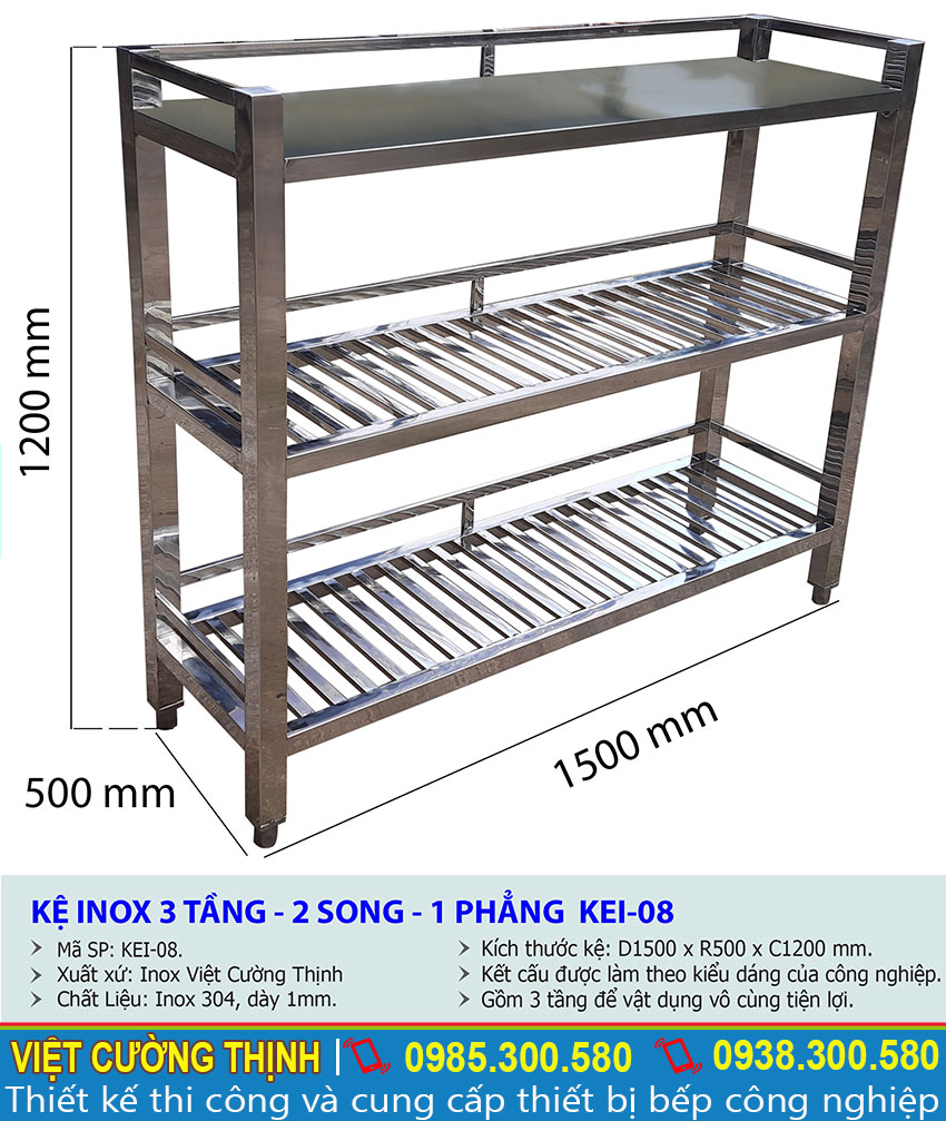 Kích thước kệ bếp inox 3 tầng 2 song 1 phẳng KEI-08