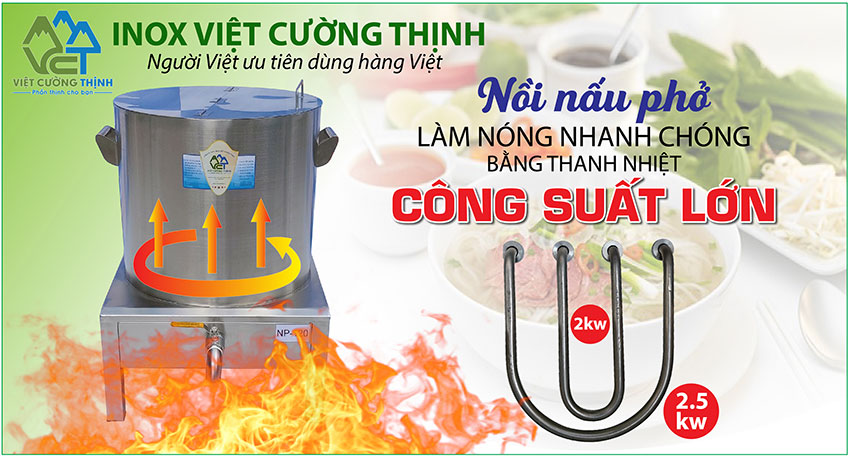 Bộ nồi nấu phở bằng điện, nồi hầm xương bằng điện, nồi điện nấu nước lèo hũ tiếu sản xuất Việt Cường Thịnh.