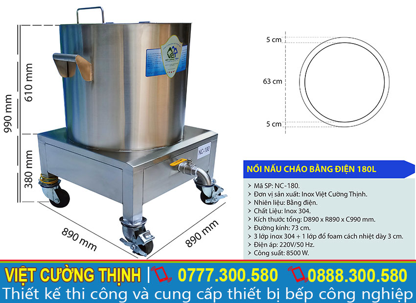 Kích thước tổng thể về nồi điện nấu cháo, nồi điện hầm cháo dinh dưỡng 180 lít sản xuất Việt Cường Thịnh.