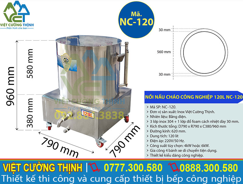 Thông số kỹ thuật của Nồi Nấu Cháo Bằng Điện 120L NC-120