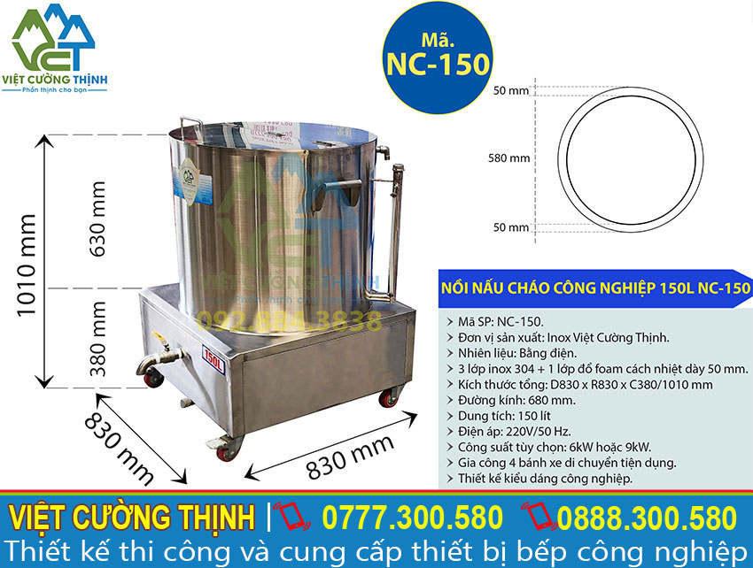 Thông số kỹ thuật của Nồi Hầm Cháo Bằng Điện 150L NC-150