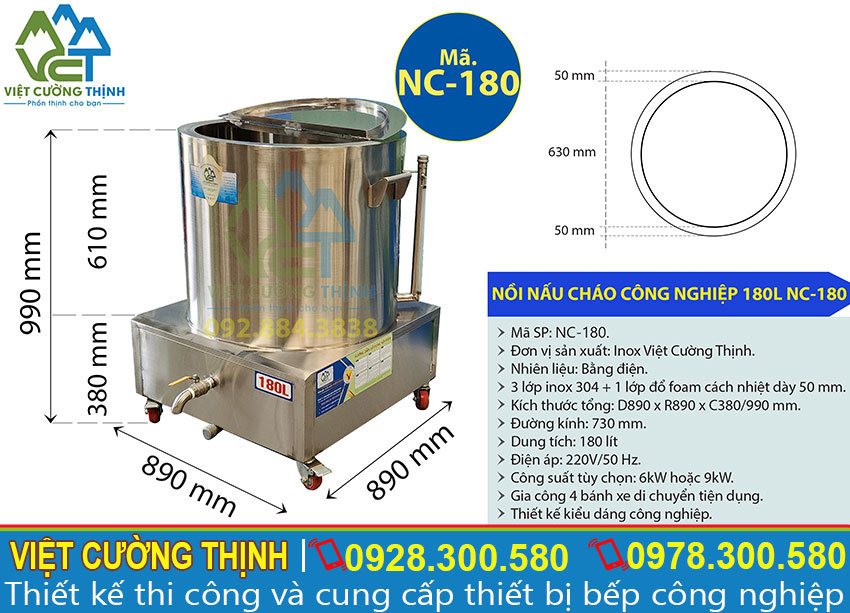 Thông số kỹ thuật của Nồi Hầm Cháo Bằng Điện 180L NC-180