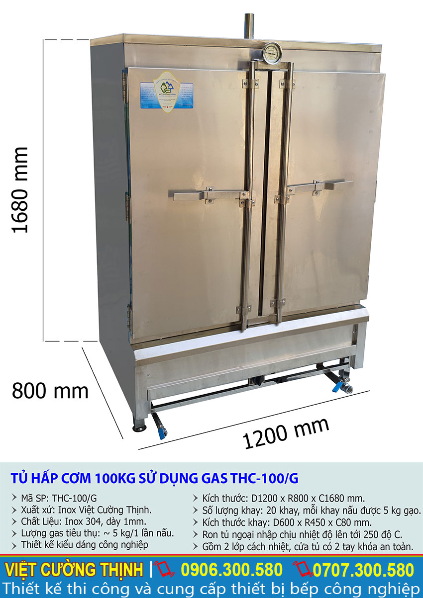 Kích thước tổng thể của tủ nấu cơm bằng gas 100 kg | Tủ hấp cơm bằng gas 100 kg.