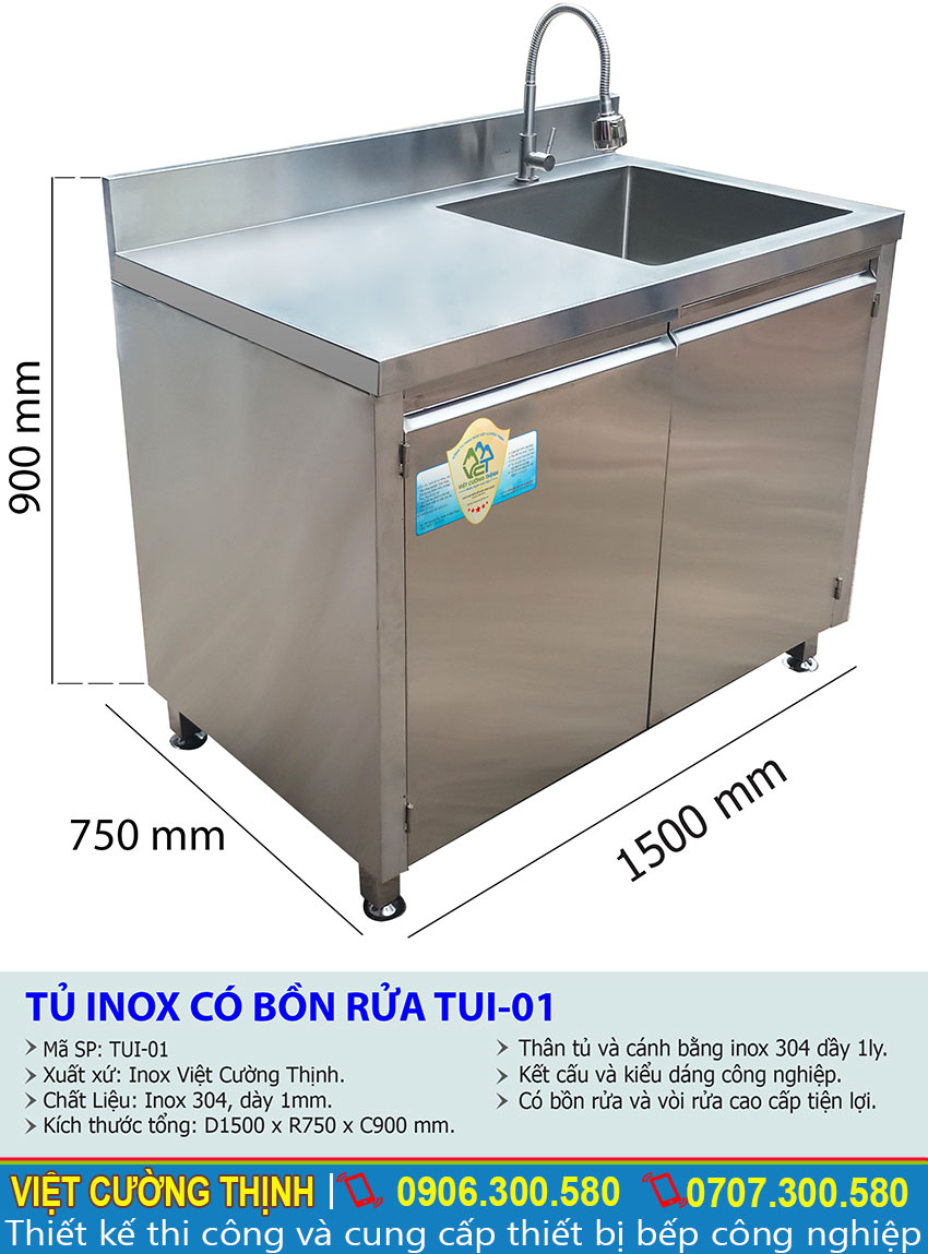 Kích thước tổng thể của tủ chén inox, tủ bếp inox 304, tủ inox có bồn rửa TUI-01 sản xuất Inox Việt Cường Thịnh.