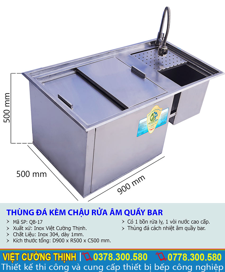 Kích thước thùng đá inox quầy bar, Thùng đựng đá inox , Thùng chứa đá inox sản xuất tại Việt Cường Thịnh.