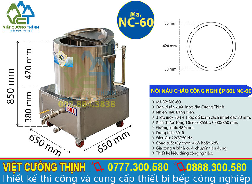 Thông số kỹ thuật Nồi Điện Hầm Cháo Dinh Dưỡng 60L NC-60