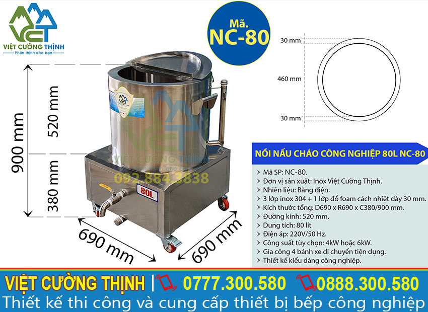 Thông số kỹ thuật của Nồi Nấu Cháo Bằng Điện 80L NC-80