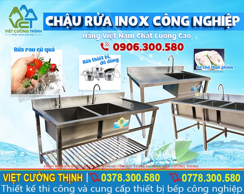 Chậu rửa inox công nghiệp, bồn rửa inox công nghiệp, máng rửa tay inox công nghiệp sản xuất Inox Việt Cường Thịnh.