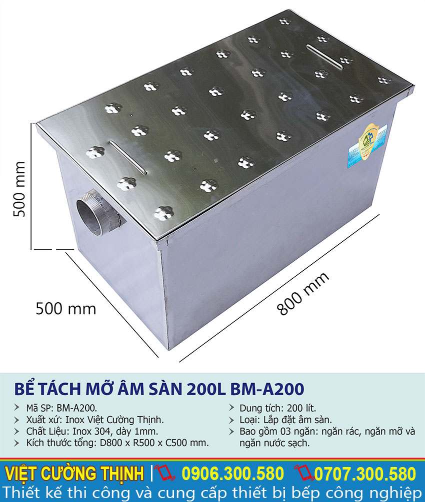 Kích thước thiết bị lọc mỡ inox, bể tách mỡ inox âm sàn công nghiệp 200 lít BM-A200
