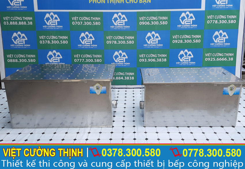 Bộ đôi bẫy mỡ, bể tách mỡ inox, thùng lọc dầu mỡ công nghiệp sản xuất Inox Việt Cường Thịnh.