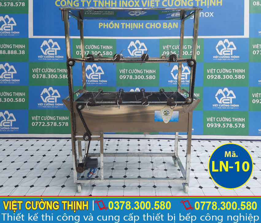 Báo giá lò quay gà vịt bằng than chạy xích, lò nướng inox tự quay.