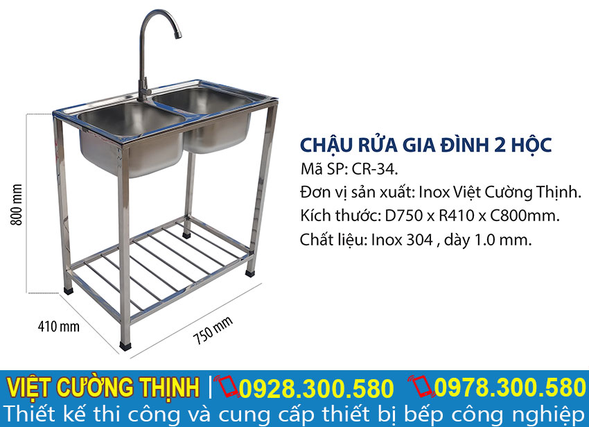 Kích thước bồn rửa chén đôi gia đình, chậu rửa đôi gia đình CR-34.