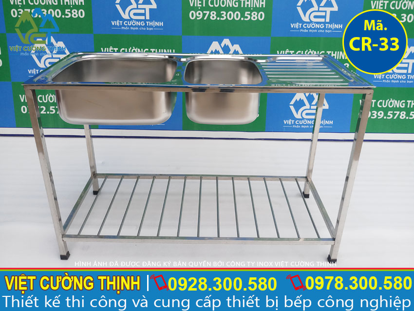 Chậu rửa đôi inox gia đình có chân, bồn rửa 2 hộc có chân sản xuất Inox Việt Cường Thịnh.