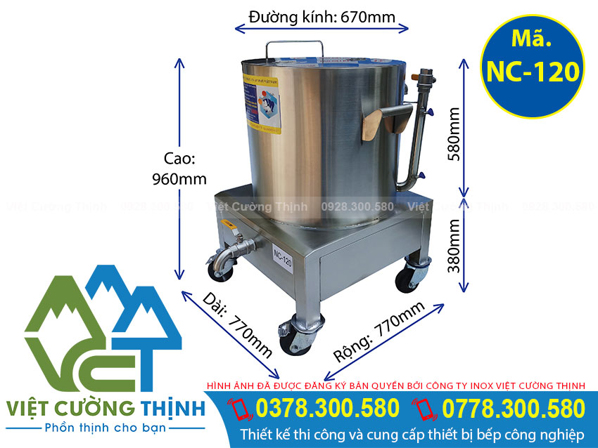 Kích thước nồi nấu cháo bằng điện 120 lít sản xuất Inox Việt Cường Thịnh - Việt Nam.