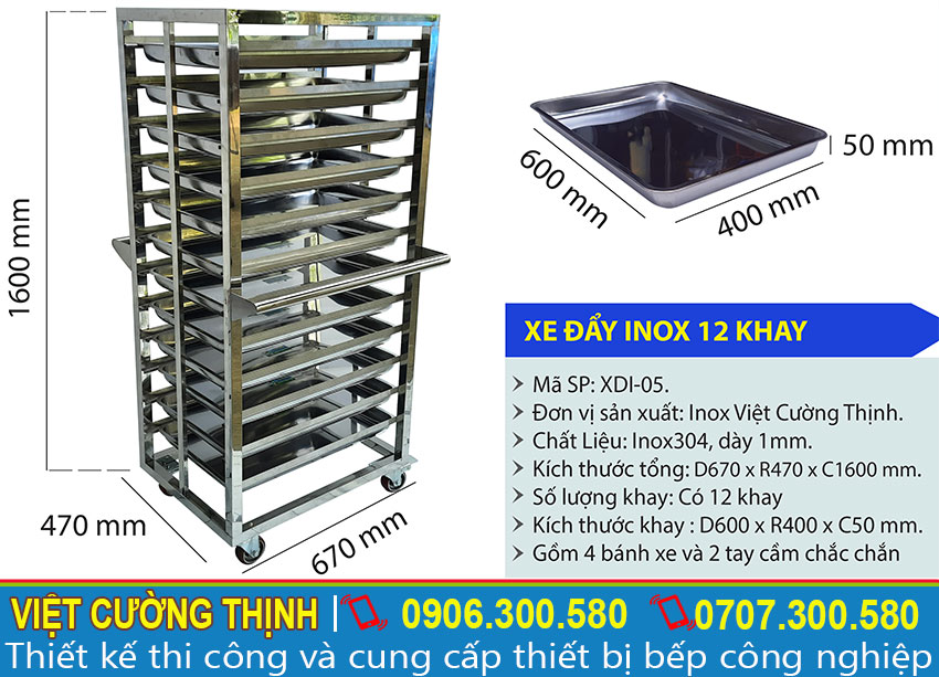 Kích thước tổng thể của xe đẩy thức ăn công nghiệp 12 khay inox sản xuất Inox Việt Cường Thịnh.