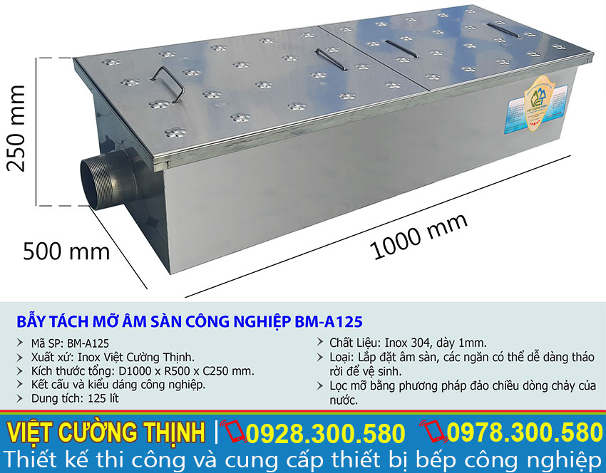Kích thước tổng thể của bể tách mỡ, bẫy mỡ inox âm sàn công nghiệp 125 lít.