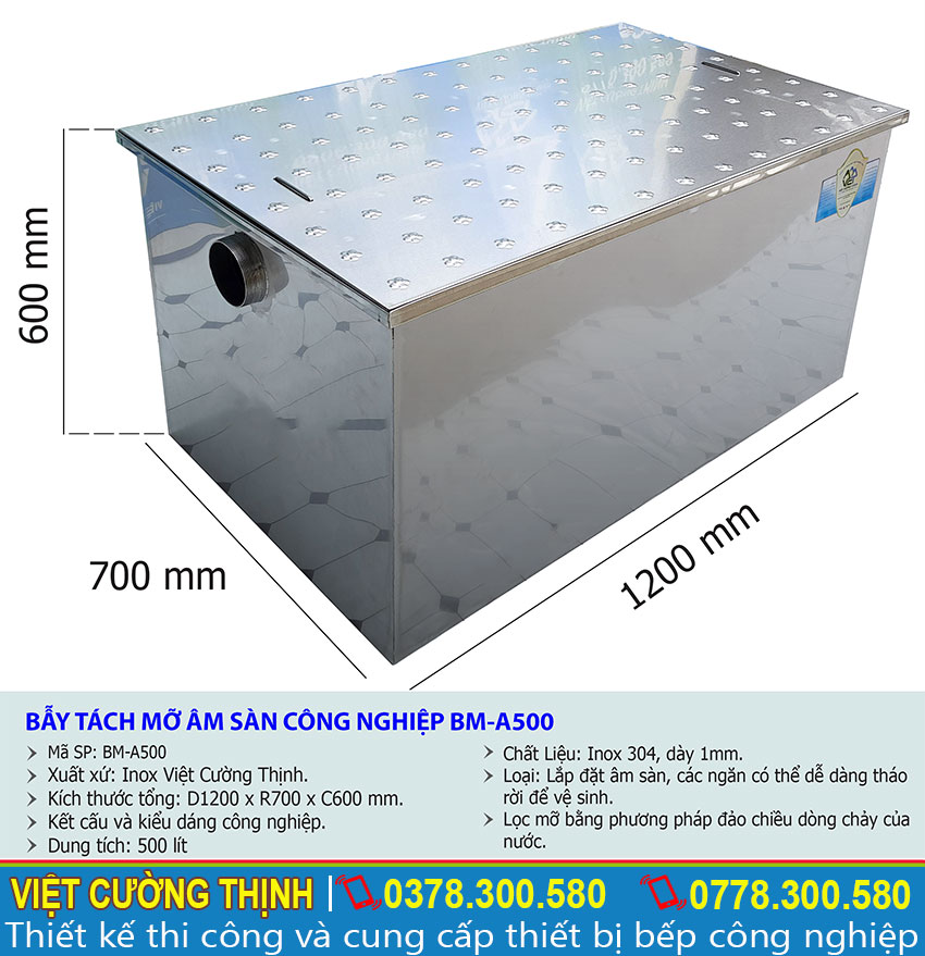 Kích thước tổng thể của bể tách mỡ, bẫy mỡ công nghiệp 500 lít sản xuất Inox Việt Cường Thịnh.