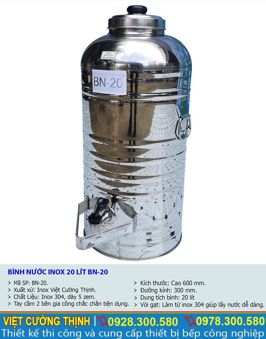 Kích thước của bình đựng nước đá inox có vòi gạt 20 lít BN-20
