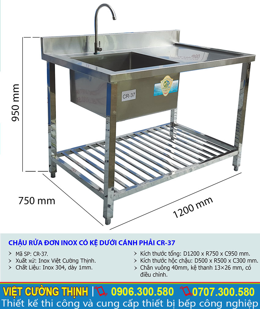 Kích thước bồn rửa bát inox 1 ngăn có kệ dưới và bàn rửa phải CR-37.