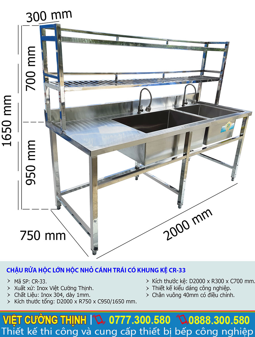 Kích thước bồn rửa chén inox 2 ngăn có kệ trên và kệ dưới CR-33 sản xuất Inox Việt Cường Thịnh.