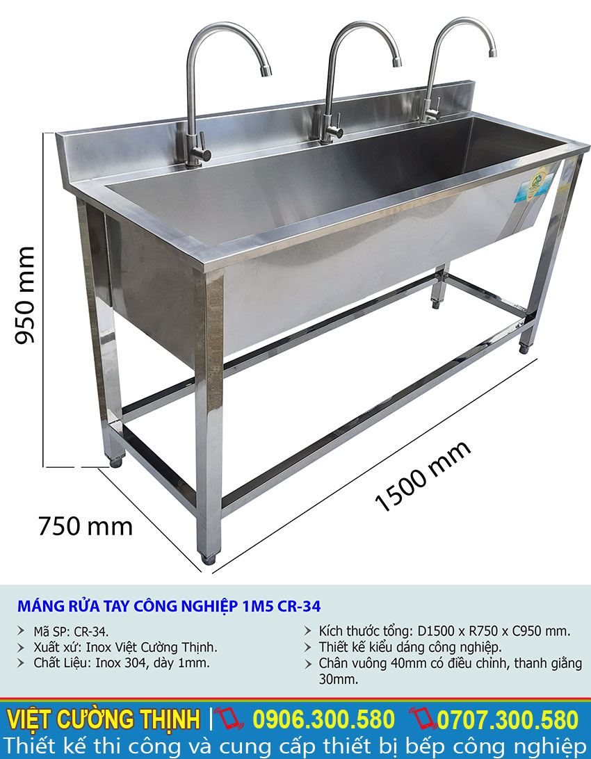 Kích thước tổng thể về máng rửa tay inox nhà hàng 1m5 CR-34 sản xuất Inox Việt Cường Thịnh.