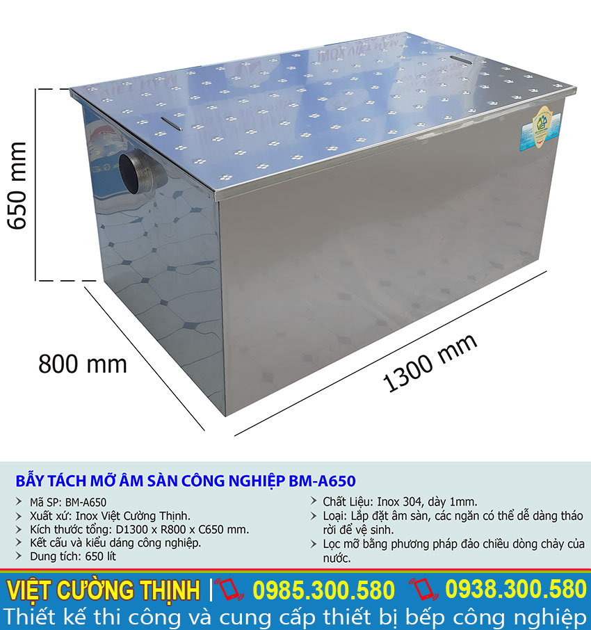 Kích thước tổng thể của thùng lọc dầu mỡ, bể tách mỡ công nghiệp 650 lít.
