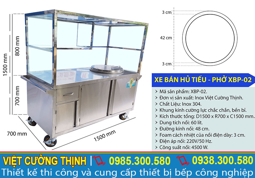 Kích thước xe bán phở inox, tủ bán phở tích hợp nồi nấu nước lèo bằng điện XBP-01 sản xuất Inox Việt Cường Thịnh.