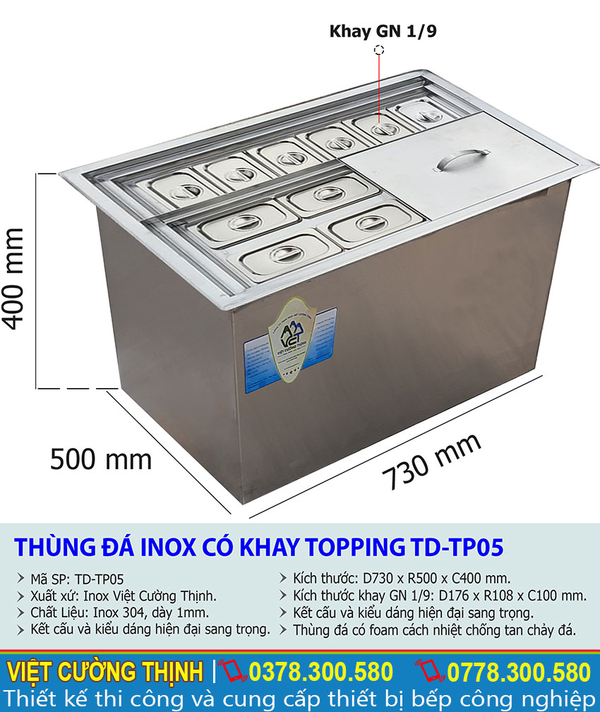 Kích thước tổng thể của thùng đá inox âm bàn có khay topping TD-TP05.