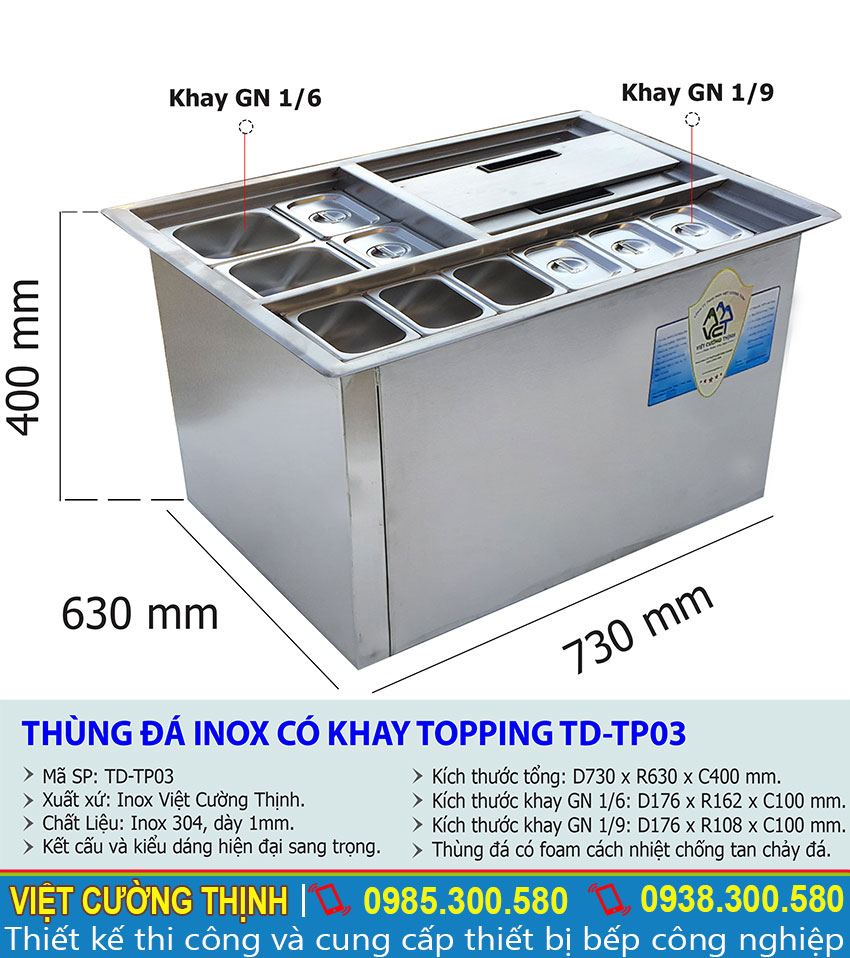 Kích thước tổng thể của thùng đá inox âm bàn có khay topping TD-TP03.