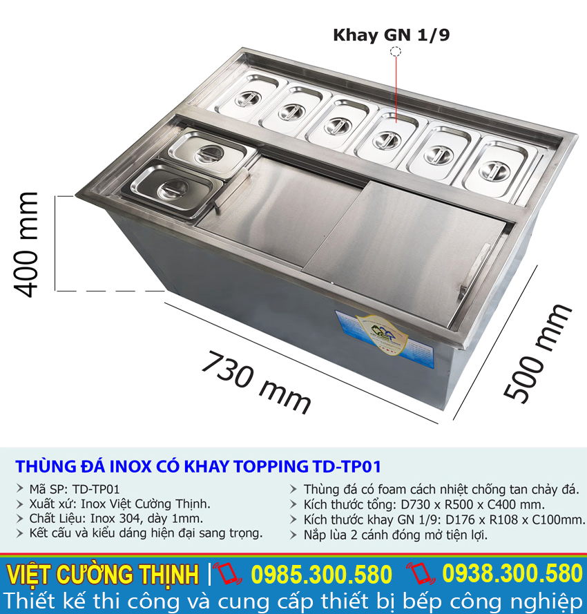 Kích thước tổng thể của thùng đá inox có khay topping âm bàn TD-TP01.