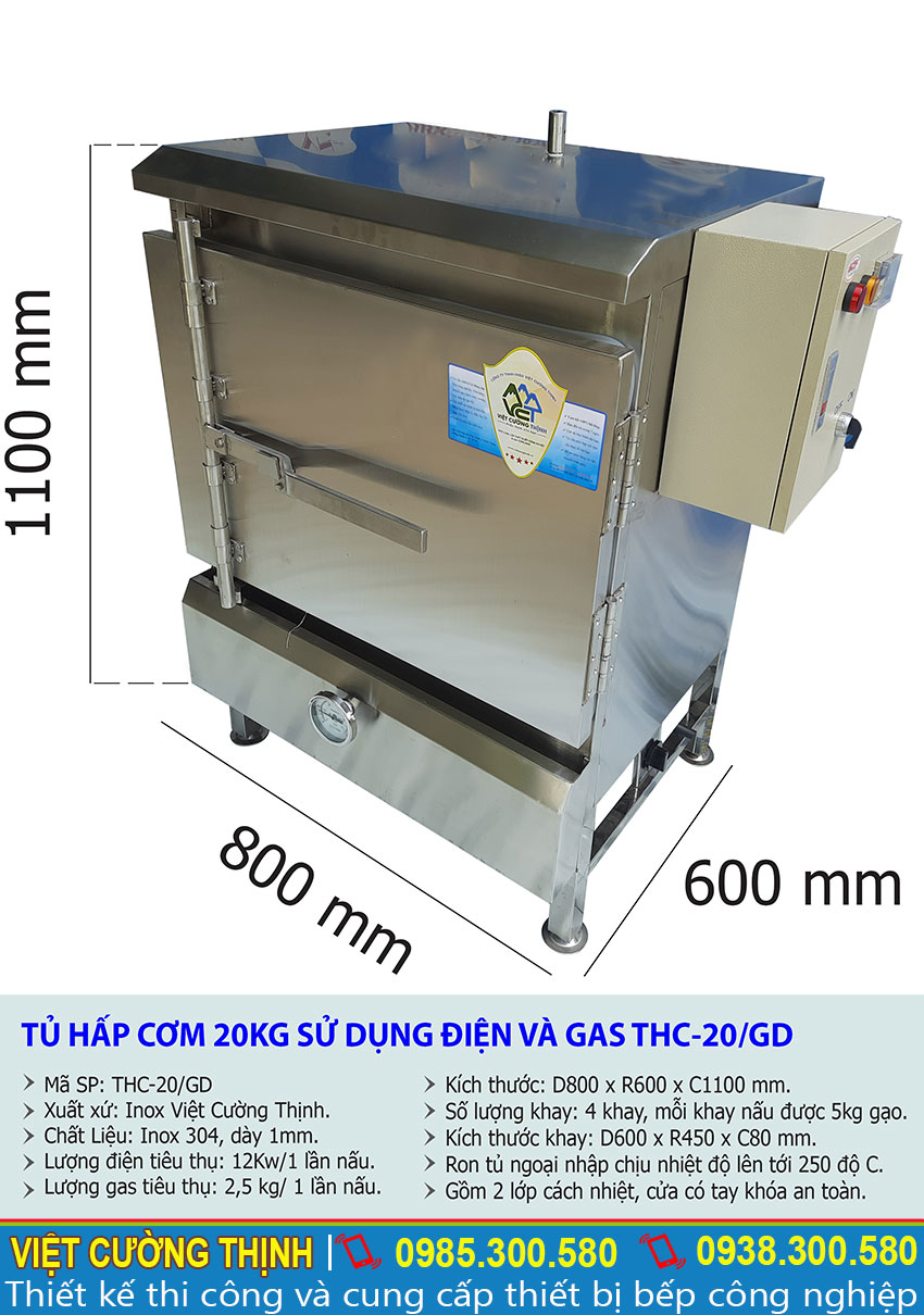 Kích thước về tủ cơm công nghiệp, tủ nấu cơm, tủ hấp cơm công nghiệp 20 kg
