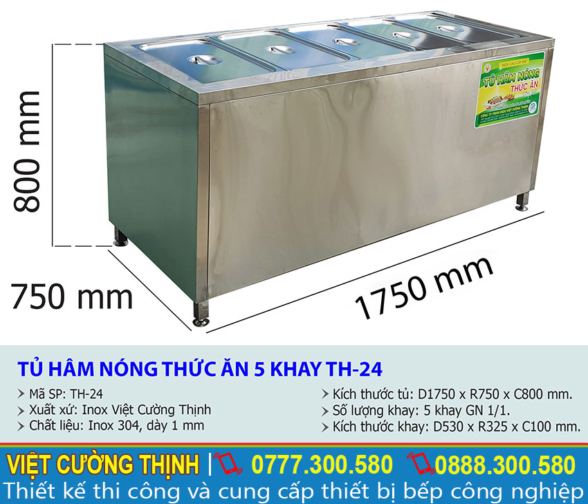 Kích thước tủ hâm nóng thức ăn 5 khay TH-24.