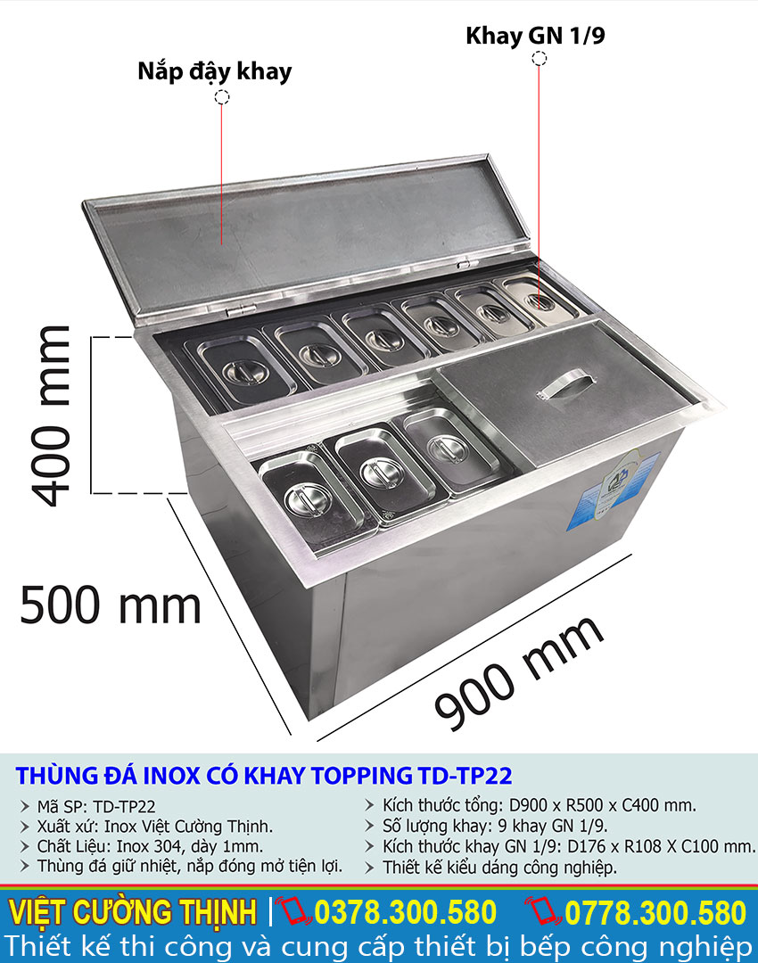Kích thước thùng đá âm bàn có khay topping âm bàn TD-TP22.