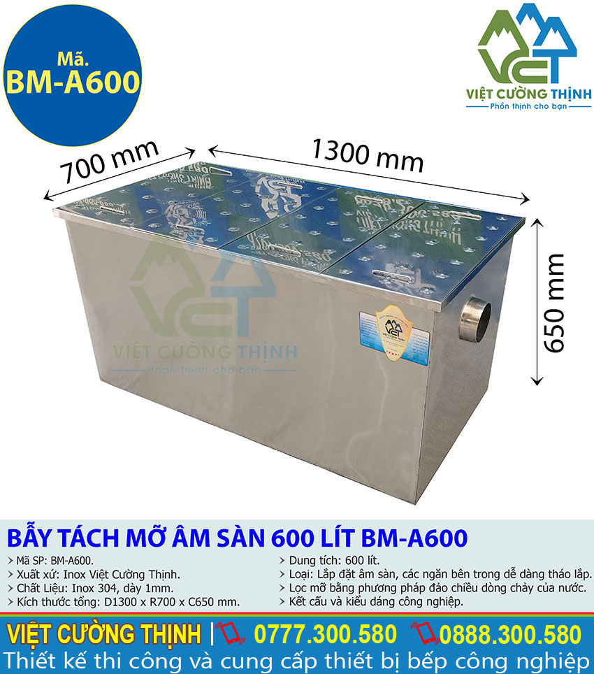 Thông số kỹ thuật của Bẫy Tách Mỡ Âm Sàn Công Nghiệp 600L BM-A600 